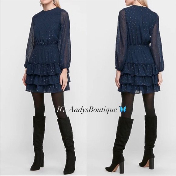 Express Clip Dot Dress Smocked Tiered Long Sleeves Mock Neck Size XS New w/Tag - Picture 11 of 11